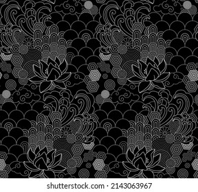 Lotus. Floral Seamless Pattern. Black and White, Geometric 