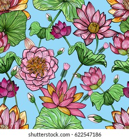 Lotus floral seamless pattern. Hand drawn colorful background.