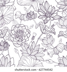 Lotus floral seamless pattern. Hand drawn monochrome background.