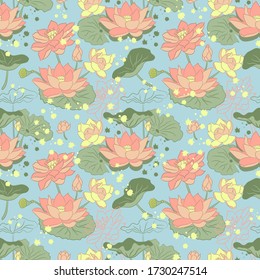 Lotus floral seamless pattern on light blue background, vector