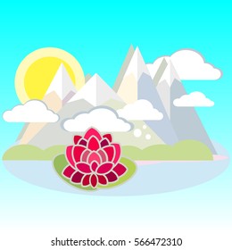 Lotus flower against the background of mountains and the sun