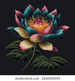 Ámbito de flores de Lotus, desconexión. Tapiz texturizado hermosa ilustración del fondo del patrón de flor de loto. Flor de agua de bordado colorido decorativo con hojas. Sentir textura. Vector.