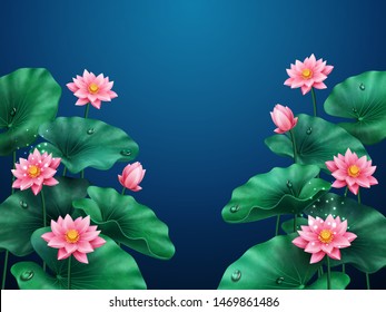 Lotus flower background. Plant with leaves and water drops. Floral pink blossom or nature decoration for banner. Egyptian bean or Indian, sacred lotus. Macau symbol. Asian flora. Botany ornament