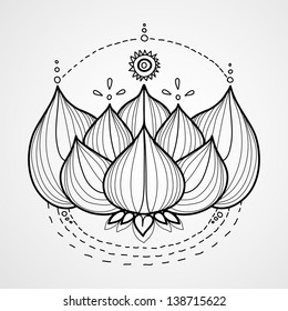 Lotus flower. Black and white  vector background. Logo