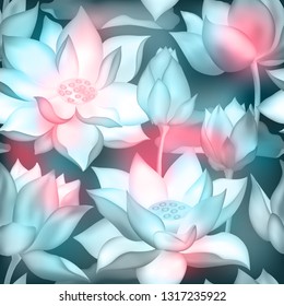 Lotus flower bouquets with buds vector illustration isolated on white seamless pattern. Pink flowers, lotus buds beautiful blossom bouquets seamless wallpaper.