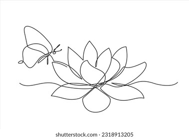 Lotus flower and butterfly isolated on white background. Continuous line drawing