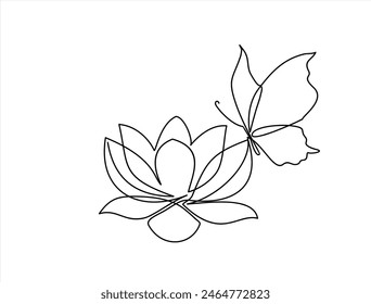 Lotus flower and butterfly isolated on white background. Continuous line drawing