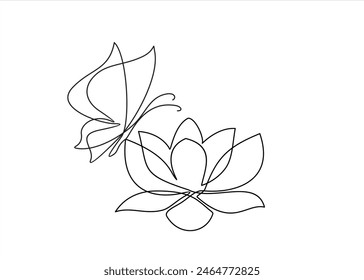 Lotus flower and butterfly isolated on white background. Continuous line drawing