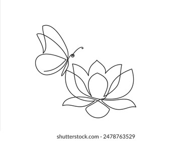 Lotus flower and butterfly isolated on white background. Continuous line drawing