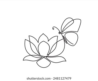 Lotus flower and butterfly isolated on white background. Continuous line drawing	