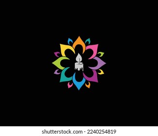 Lotus Flower con el logotipo de la luz de las velas. Diseño de vectores de luz de fuego de velas aromáticas, hojas de llama y de loto.