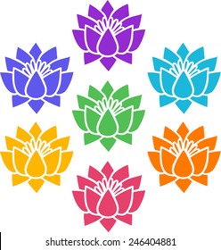 Lotus flower chakras, Buddhism, rainbow colors, vector, isolated on white