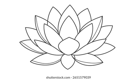 Contorno da página de coloração da flor de lótus representando várias camadas pétalas desdobráveis que emergem da flor central
