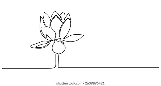 Lotus flower continuous one line drawing. Wellness concept in simple linear style. Vector illustration, Single line, continuous, lotus flower line art vector illustration with transparent background. 