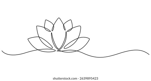 Lotus flower continuous one line drawing. Wellness concept in simple linear style. Vector illustration, Single line, continuous, lotus flower line art vector illustration with transparent background. 