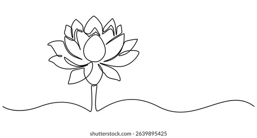 Lotus flower continuous one line drawing. Wellness concept in simple linear style. Vector illustration, Single line, continuous, lotus flower line art vector illustration with transparent background. 