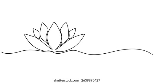 Lotus flower continuous one line drawing. Wellness concept in simple linear style. Vector illustration, Single line, continuous, lotus flower line art vector illustration with transparent background. 