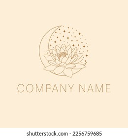 Lotus flower and crescent logo design. Bohemian moon and lotus logotype.