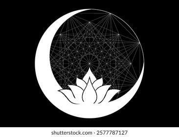 Lotus Flower and Crescent Moon on Sacred Geometry. Geometric mystic mandala of alchemy esoteric symbol. Mystical white Seed of Life divine meditative, vector isolated on black background