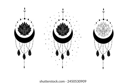 Lotus flower with crescent moon and stars, vector blooming lotus, floral magic moon. Lotus logo