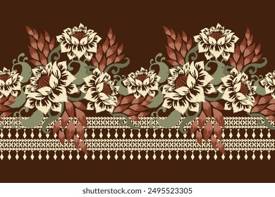 Lotus flower design pattern on brown background.Ikat floral embroidery.lotus pattern with leaves background.flower seamless pattern.design for texture,fabric,clothing,decoration,fashion women,print.