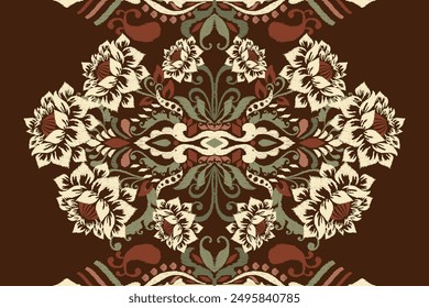 Lotus flower design pattern on brown background.Ikat floral embroidery.lotus pattern with leaves background.flower seamless pattern.design for texture,fabric,clothing,decoration,fashion women,print.