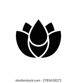 Lotus Flower with Dew Drop Icon. Black filled icon of a pristine lotus flower petal holding a single fresh dew drop