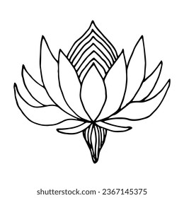 Lotus flower in doodling style.Happy Diwali.Decoration in oriental, Indian style.Hand drawn outline vector illustration.