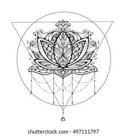 Lotus flower dream-catcher ornamental. Ethnic, bohemian art. Tattoo, astrology, alchemy, boho and magic symbol. Adult antistress. Hand drawn illustration.