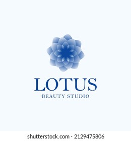 Lotus Flower elegant blue gradient vector logo. Beauty studio emblem. Abstract blossom 