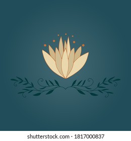 Flor de Lotus decorada con elementos decorativos. Plantilla de loto sobre fondo verde oscuro. Ilustración vectorial. Para tarjetas de felicitación, afiche, pancarta, pegatina, eco, spa, yoga.