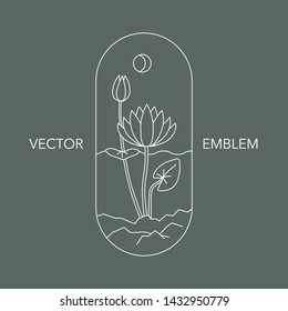 Lotus flower. Emblem. Linear symbol. Logotype concept icon. Lotus sign. Simple logotype template for business. Vector illustration.