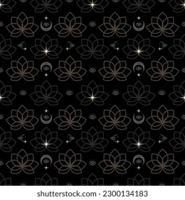 Lotus flower and esoteric symbols moon golden stars seamless pattern on black background. Vector print.