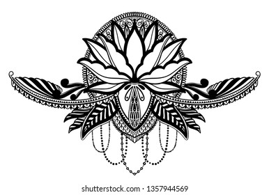 Lotus flower ethnic symbol.Black color in white background. Tattoo design motif, decoration element. Sign Asian spirituality,nirvana and innocence.Vector illustration.