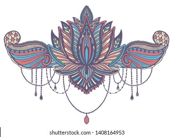 Lotus flower ethnic symbol.Tattoo design motif, decoration element. Sign Asian spirituality,nirvana and innocence.Vector illustration.