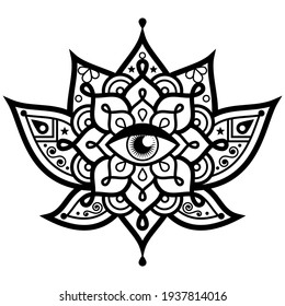 Lotus flower with evil eye mandala vector design - symbol of protection, yoga, zen, buddhism, mindfulness concept. 
Decorative lotus pattern inspired by Mehndi henna tattoo art from India - boho style