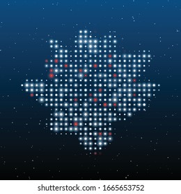 The lotus flower filled with white dots. Some dots is red. Vector illustration on blue background with stars