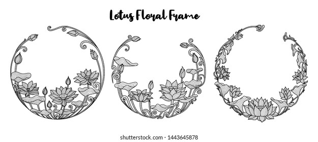 Lotus Flower Floral Frame Set, Botanical IIllustration, Isolated Vector