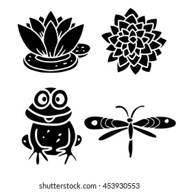 Lotus flower. Frog. Dragonfly. Cartoon black hand drawn set isolated on white background