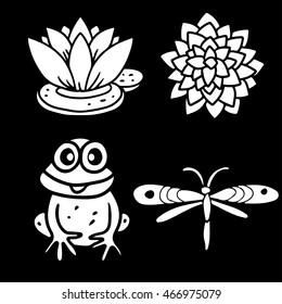 Lotus flower. Frog. Dragonfly. Cartoon white hand drawn set isolated on black board background