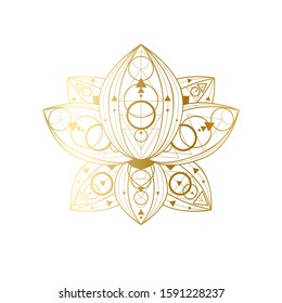 Lotus flower with geometric golden ornament vector linear illustration. Oriental sacred symbol