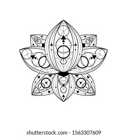 Lotus flower with geometric ornament vector linear illustration. Indian sacred outline symbol