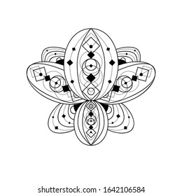Lotus flower with geometric ornament vector linear illustration. Indian sacred outline symbol