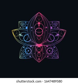 Lotus flower with geometric pattern vector linear illustration. Oriental floral gradient symbol