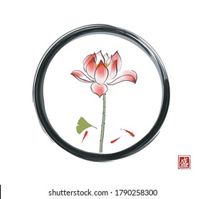 Lotus flower, gingko leaf and three little red fishes in enso zen circle on white background. Contains hieroglyph - blossom. Traditional oriental ink painting sumi-e, u-sin, go-hua. 