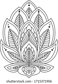  Lotus flower, graphic symmetrical black and white drawing, a symbol of meditation and yoga.                              