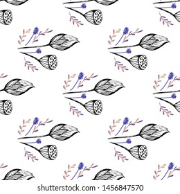 Lotus flower hand drawn in beautiful style. Floral seamless pattern. Simple vector illustration. 