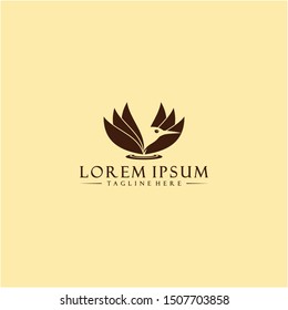 Lotus flower and humming bird  logo template with classic vintage concept in flat design monogram illustration