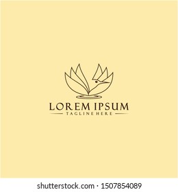 Lotus flower and humming bird vintage logo template with outline symbol version in flat design monogram illustration