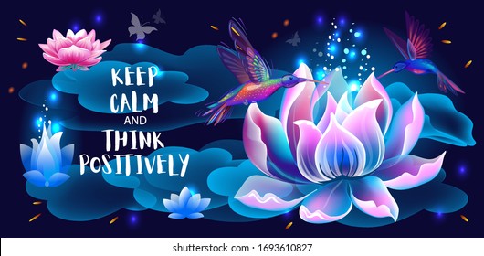 Flor y colibríes de Lotus, Think Positive, Símbolos de la iluminación, la meditación y el universo 